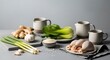 © MstFarjana - Fresh ingredients for chifa cooking featuring bok choy, chicken, ginger, garlic, and rice on a minimalist kitchen table set for culinary preparation