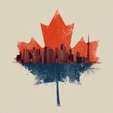 A creative illustration of a Canadian maple leaf with a city skyline inside, blending urban architecture and national symbolism in red and blue tones.