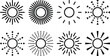 © Muhammad - Minimalist sun burst icon set, black line sunburst vector collection, 8 geometric solar symbols for logo design and summer branding projects