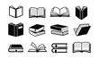© Vector By Kolpona - Book Icons Collection. A compilation of stylized black and white vector icons representing various book designs, including open, closed, and stacked volumes, ideal for educational or literary themes.