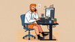 © Wajid Ali - Man in white shirt and orange shorts works on computer while talking on phone in modern office