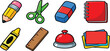 © MDRIFAT - Cute school stationery vector cartoon icon set featuring pencil scissors notebook crayon and reception desk bell