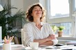© Karat - Relaxed woman sitting at home office desk with eyes closed, showing mindfulness, calm work break, wellbeing, productivity, coffee, and modern lifestyle.