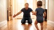 © Husnain Visuals - A joyful father kneels on the wooden floor with open arms to encourage his young baby to take steps