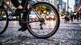 urban cycling experience, close-up of a spinning bicycle wheel with blurred urban surroundings