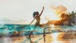 © NidNid - Woman practicing yoga warrior pose on a beach at sunset with ocean waves crashing
