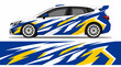© PS STOCK - Blue and yellow racing car with dynamic stripe design.