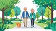 © Aan - Happy Senior Couple Walking Together in a Sunny Park with Small Dog, Flat Vector Illustration
