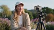 © ประหยัด พลพวก - Vlogging in Nature: A young woman with blonde hair, wearing a beige cardigan and a white cap, smiles at her phone camera on a tripod, amidst a field of lavender and greenery.