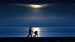© Nami Liu - Silhouette of elderly couple pushing stroller by lake at dusk, sunset glow tranquil warm three generation family scenery