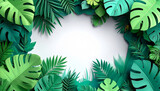 Paper Cut Tropical Monstera Leaves Frame on White Background