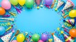© AsimKumar - Festive birthday celebration layout colorful balloons party hats horns and confetti on bright blue backdrop