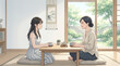 © Shousei - 女性セラピストとクライアントが落ち着いた空間で会話をするカウンセリングシーンです。テーブルのお茶と柔らかな夏の光がリラックスした雰囲気を演出しています。