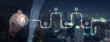 © Piya W. - Confident recruiter managing intelligent hiring process with digital timeline pathway interface over blurred city background