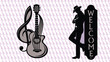 © Sawera - Abstract artistic guitar treble clef illustration silhouette person hat leaning welcome sign patterned background music hospitality vector design