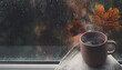 © aoi - 雨の窓辺に置かれた温かいマグカップと秋の落ち葉