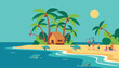 © Zayed - Sunny tropical beach scene with a wooden hut, green palm trees, tourists taking pictures, and friendly sea turtles.