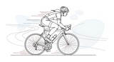 A cyclist riding a bicycle on a road with motion lines
