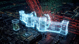 Holographic glowing castle wall erected on dark circuit board blocking flood of cyber attacks firewalls
