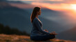 © Laura - Faceless woman meditating at mountain sunrise, peaceful posture against a dramatic alpine backdrop, defocused mountain range in background, mountain mindfulness concept