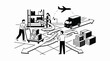 © suntik - A black and white illustration of a warehouse scene with workers and transportation
