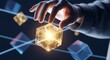 © Mominil - Hand interacting with a glowing golden blockchain cube, surrounded by digital blocks and network lines