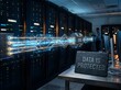 © SyifaZahra Studio - Side view of a modern data center with server racks and a digital secure gateway hologram representing encrypted data transfer, with a stone sign stating data is protected.