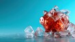 © Larisa AI - A transparent piggy bank encased in broken ice signifies financial hardship, featuring a warm hue and reflecting the idea of saving and unexpected challenges.