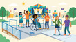 © Kinan - This flat design illustration promotes inclusivity at the Festival d'été de Québec, showing a diverse group of people, including those with disabilities, enjoying the event in an accessible environmen