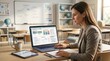 © Alpha - Professional teacher planning lesson curriculum on laptop in classroom
