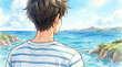 © Shousei - 美しい海岸線と青い海を眺める男性の後ろ姿を描いた夏のイラストです。岬や水平線が広がる風景が旅情や開放感を演出しています。