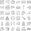 © vectorwin - Diverse set of linear icons depicting various objects, symbols, and concepts including an ancient wall, human eye, whistle, registration, food, vehicle, and work tools against a white background