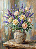 Oil painting of lavender and cream roses bouquet in rustic vase on table