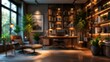 © BhansaliKushal - Blurred luxury home office interior library study room desk chair bookshelf indoor plants modern design cozy workspace