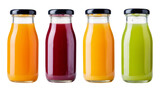 Isolated natural fresh healthy organic fruit and vegetable juice smoothies in glass bottles.