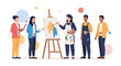 © Aluna - Diverse group of artists collaborating and painting in a bright studio, vector illustration