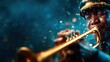 © svastix - A talented trumpeter plays passionately, emitting sparks and energy, with a smoky blue backdrop that enhances the dynamism of the performance and artistry.