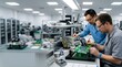 © thom - Two electronics engineers testing a circuit board in a research lab
