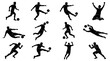 © Diclonius - Collection of dynamic black and white silhouette illustrations depicting various actions of soccer players, from kicking and dribbling to diving saves and scoring goals, against a clean background.