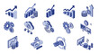 © Widya - A set of 15 blue isometric icons representing financial growth, data management, business processes, and cloud technology analytics.