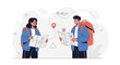 © Nuna - Couple Planning Adventure: Man and Woman with Backpacks and Maps, Discussing Travel Route with Airplane Icon