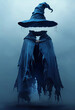 © PANDORA ILARE - immagine di una persona invisibile che indossa un cappello a punta da mago e un mantello, image of an invisible person wearing a pointed wizard hat and a cloak