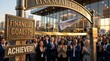© wan - Diverse business professionals celebrate achieving a financial goal of 75 under a Financial Freedom archway with a flying paper airplane and cityscape background at sunset.