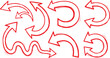 © Mend - A versatile set of hand-drawn red arrow illustrations featuring various curved and wavy designs on a white background.