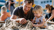 © Maksym Tereshchenko - Stay-at-home father in playground sandbox building elaborate sand structure with two toddlers, other nannies and mothers nearby, him engaged and unbothered, depicting modern fatherhood, primary care