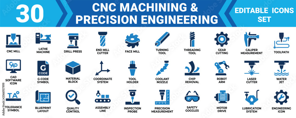 Cnc machining precision engineering icon set minimal 30 vector icons ...