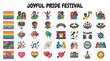 © Chimoetya_images - Joyful Pride Festival Community Support Icons Grid Featuring Rainbow Colors, Diverse People, and Celebratory Elements