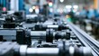 © Thares2020 - A close up view of a robust industrial assembly line with glinting metal parts in motion highlighting the precision manufacturing process