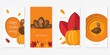 © Mahii - A collection of four Thanksgiving-themed greeting cards in a flat paper-cut style, featuring turkeys, pumpkins, and autumn leaves in shades of orange, brown, and yellow against white and orange backgr