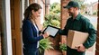 © Lari - Image of a delivery person handing over a parcel to a woman who is signing on a tablet at the front door of a residential house